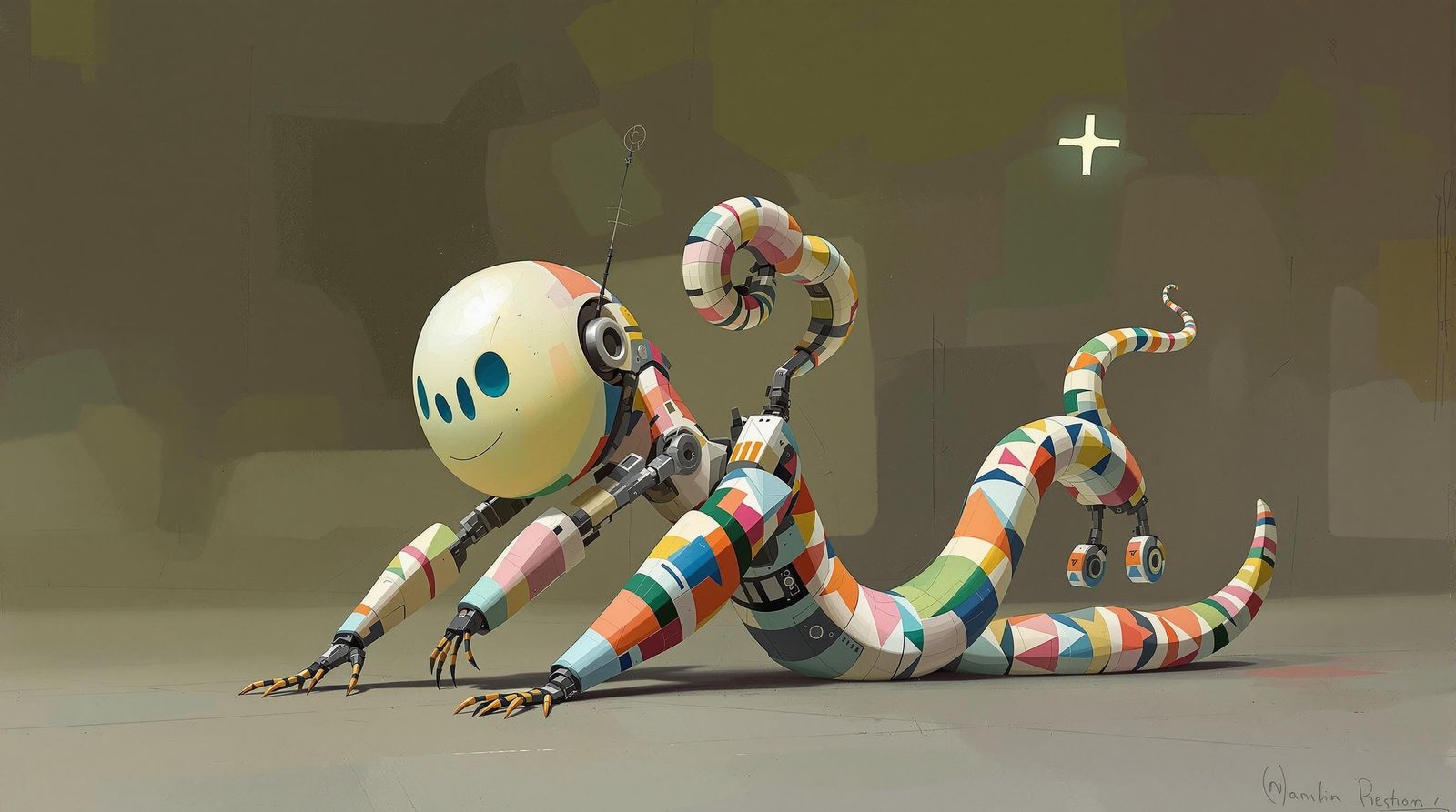 Robotic Android with Multiple Arms and Snake Tail in Vibrant...