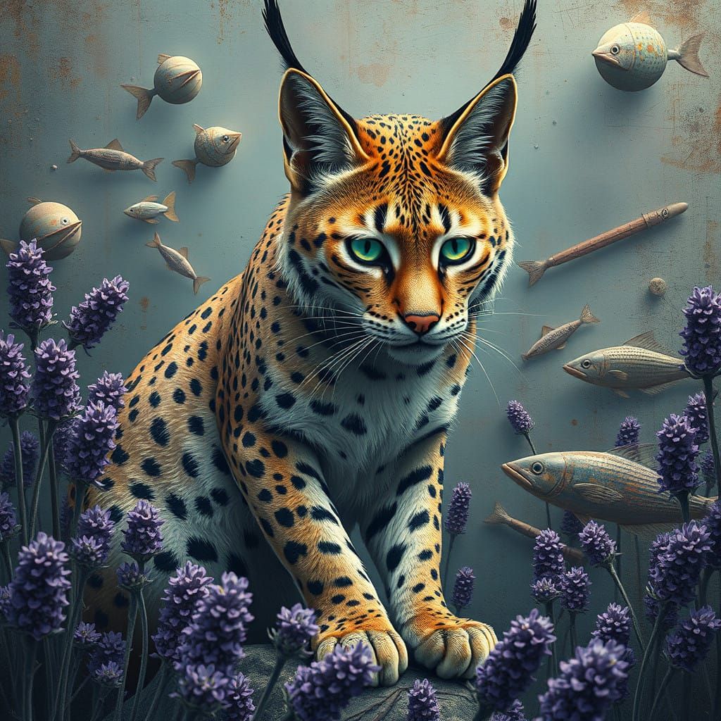 Lynx in Quantum Ocean, A Futuristic Surrealist Masterpiece