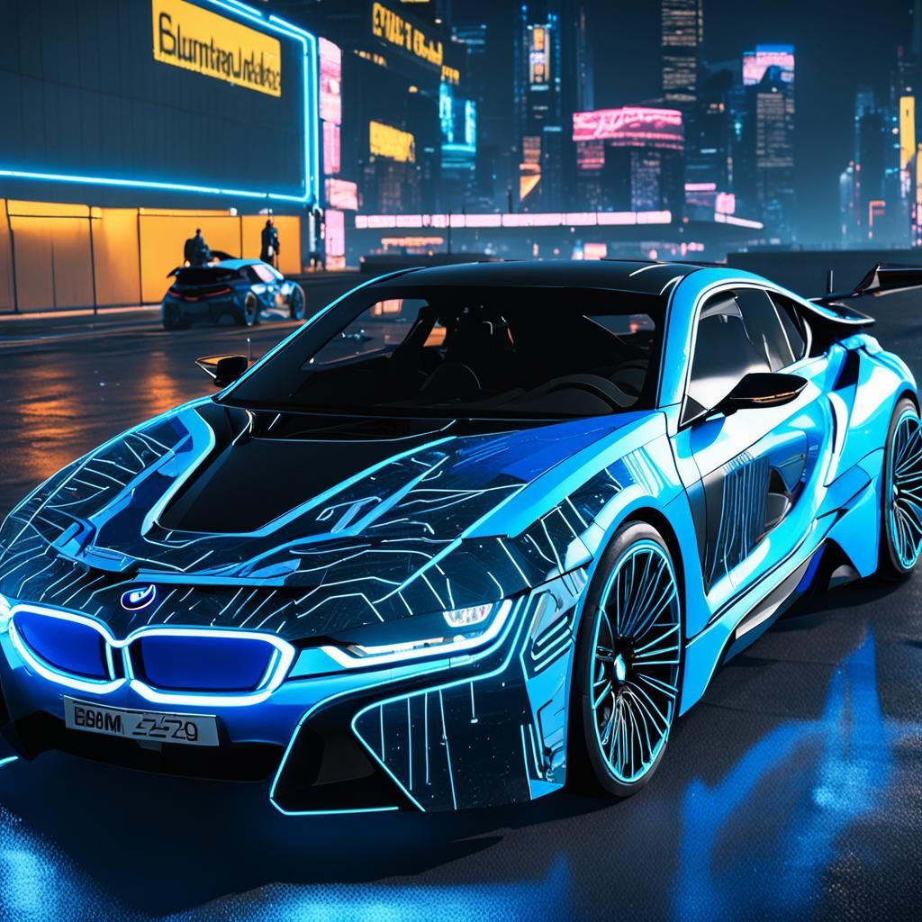 Neon Blue BMW i8 Racing in Cyberpunk Style