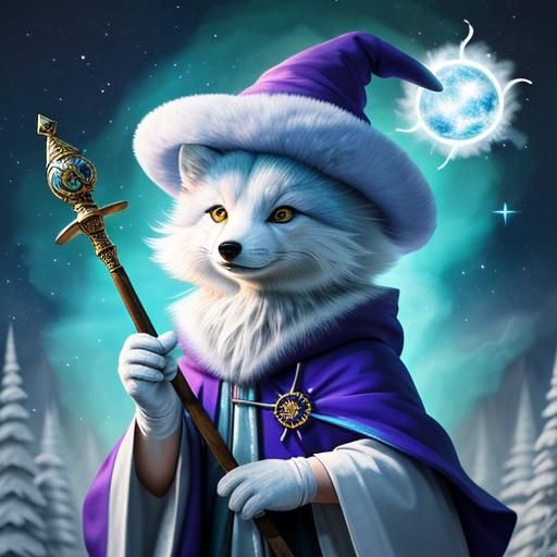 Arctic Fox Wizard with Staff in Airbrush Style