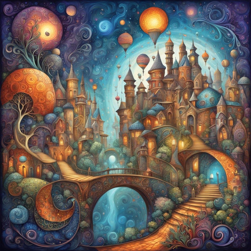 Surreal Cityscape with Fractal Elements and Whimsical Twists