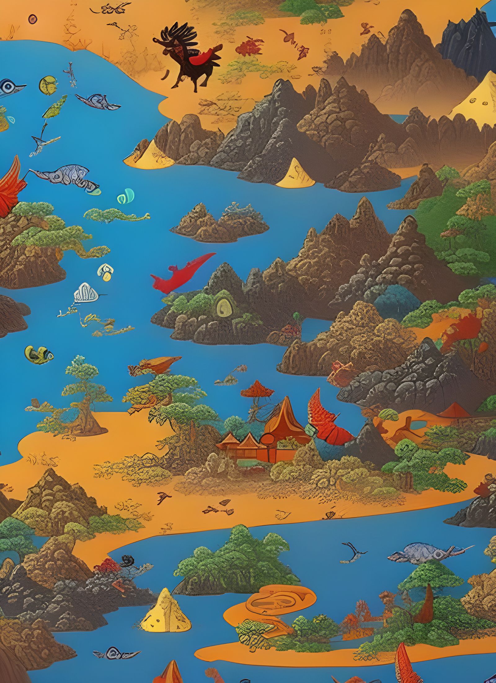 Surreal Middle Ages Scene with Dragons and Cowboys