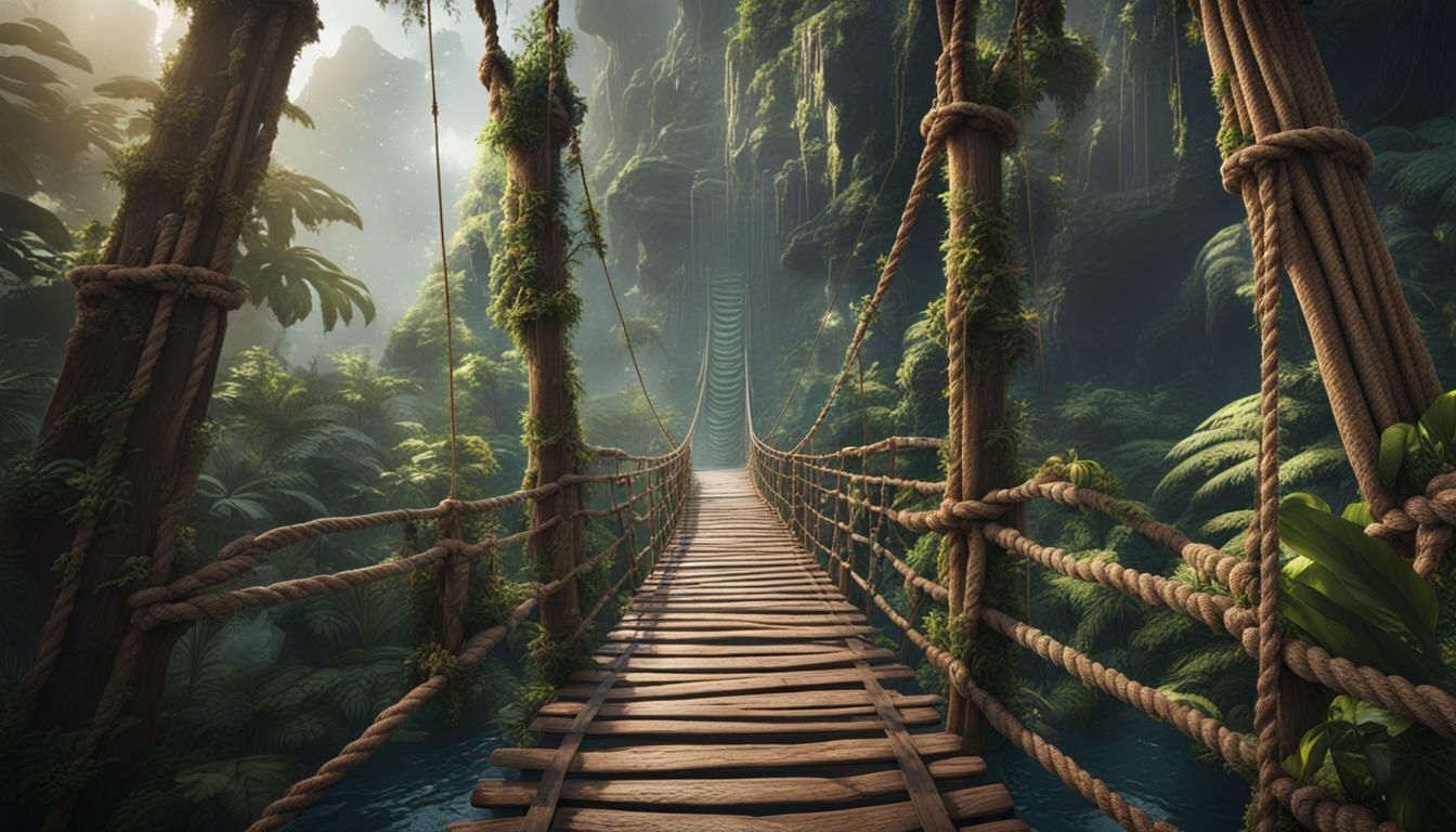 Lush Jungle Rope Bridge: Detailed Matte Painting