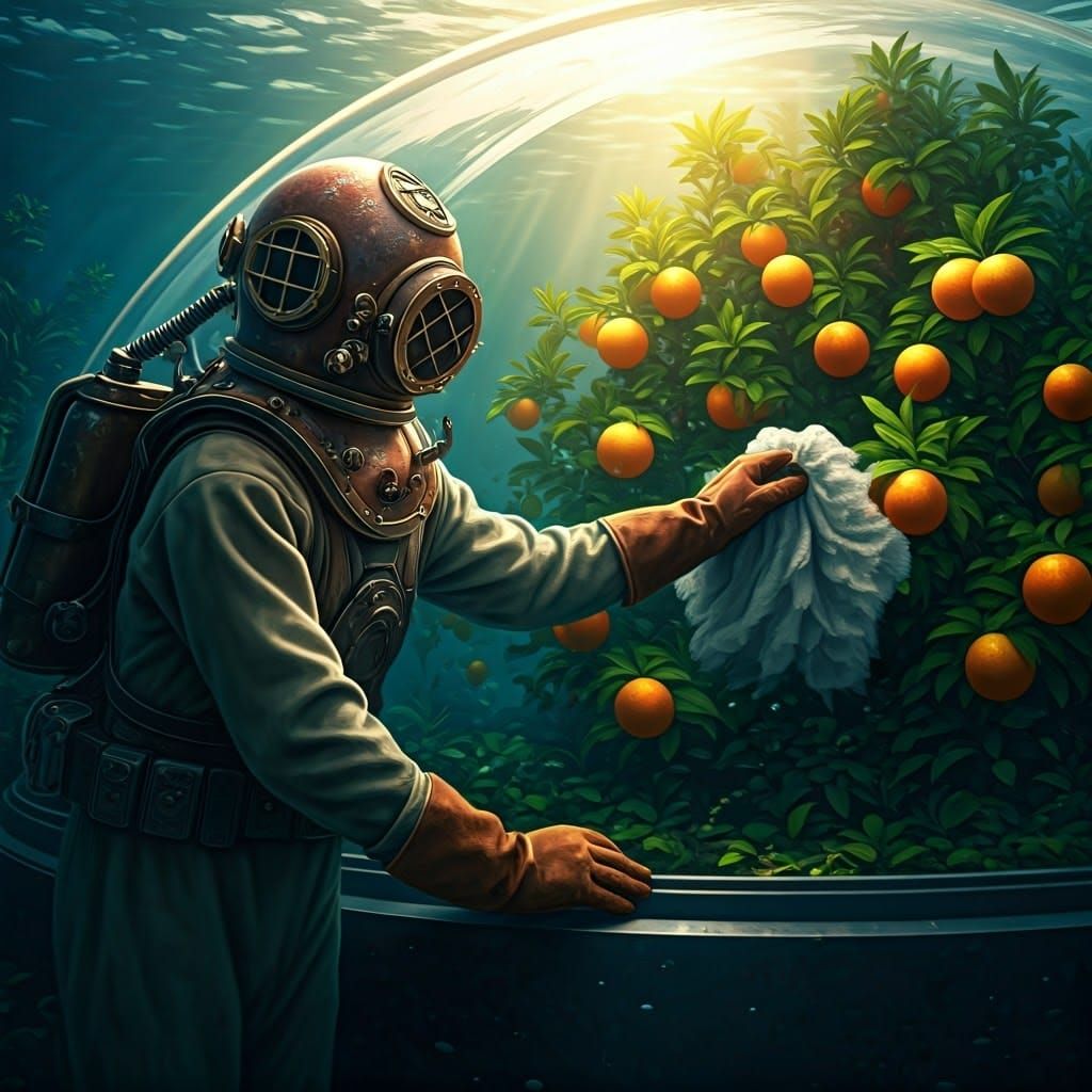 Vintage Diver Tends to Underwater Fruit Tree Garden in a Tra...