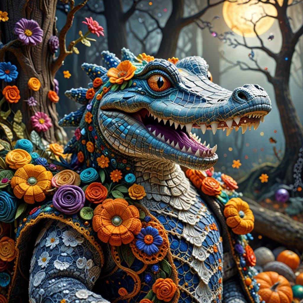 Art Nouveau Crochet Crocodile with Cosmic Forest