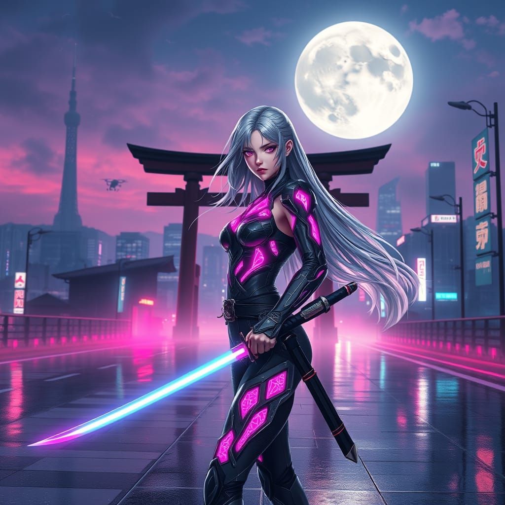 Cyber-Samurai Goddess Under Sakura City's Neon Twilight