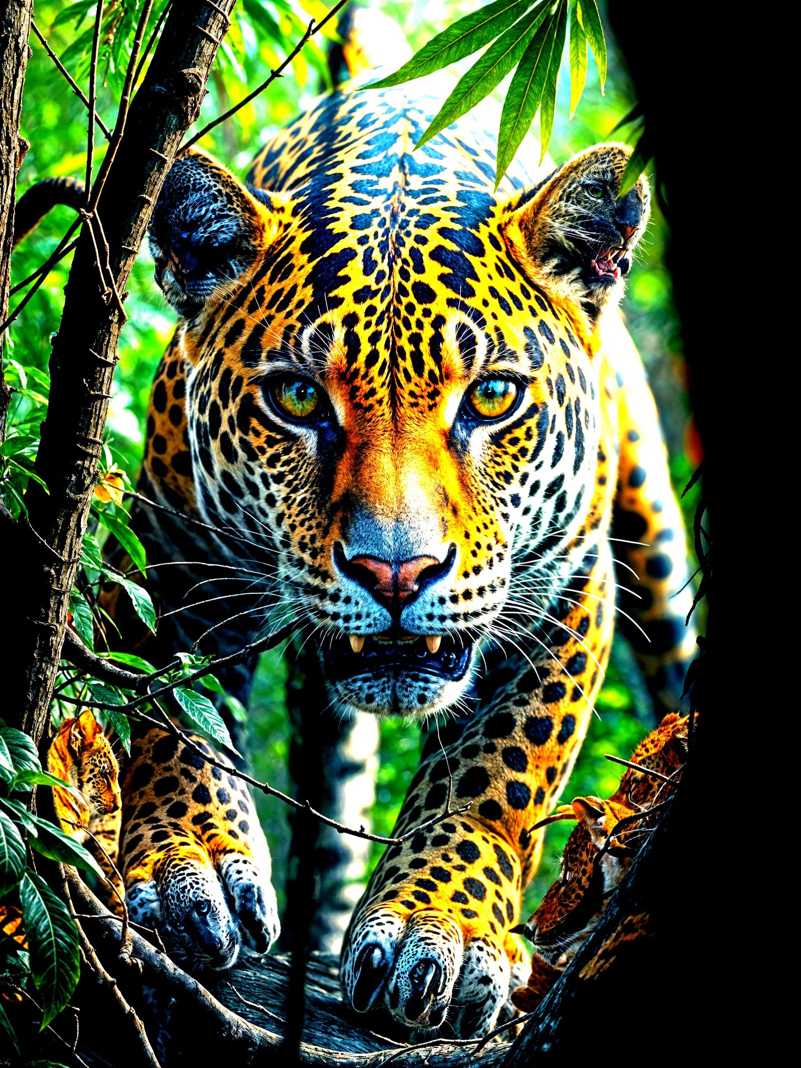 Hyperrealistic Jaguar in Trompe-l'oeil Forest