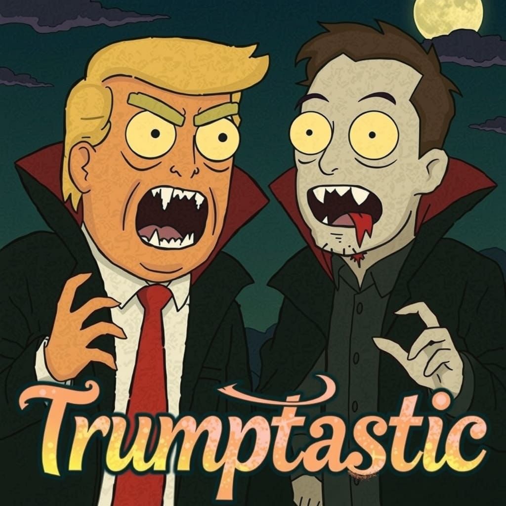 Cartoon image of Donald Trump as a vampire and another vampire growling, looking at the camera, with a full moon on a ni...