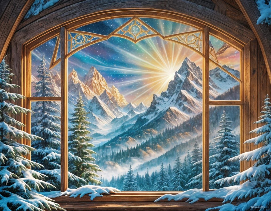 Magical Window Reveals Winter Forest, Cosmic Illustration