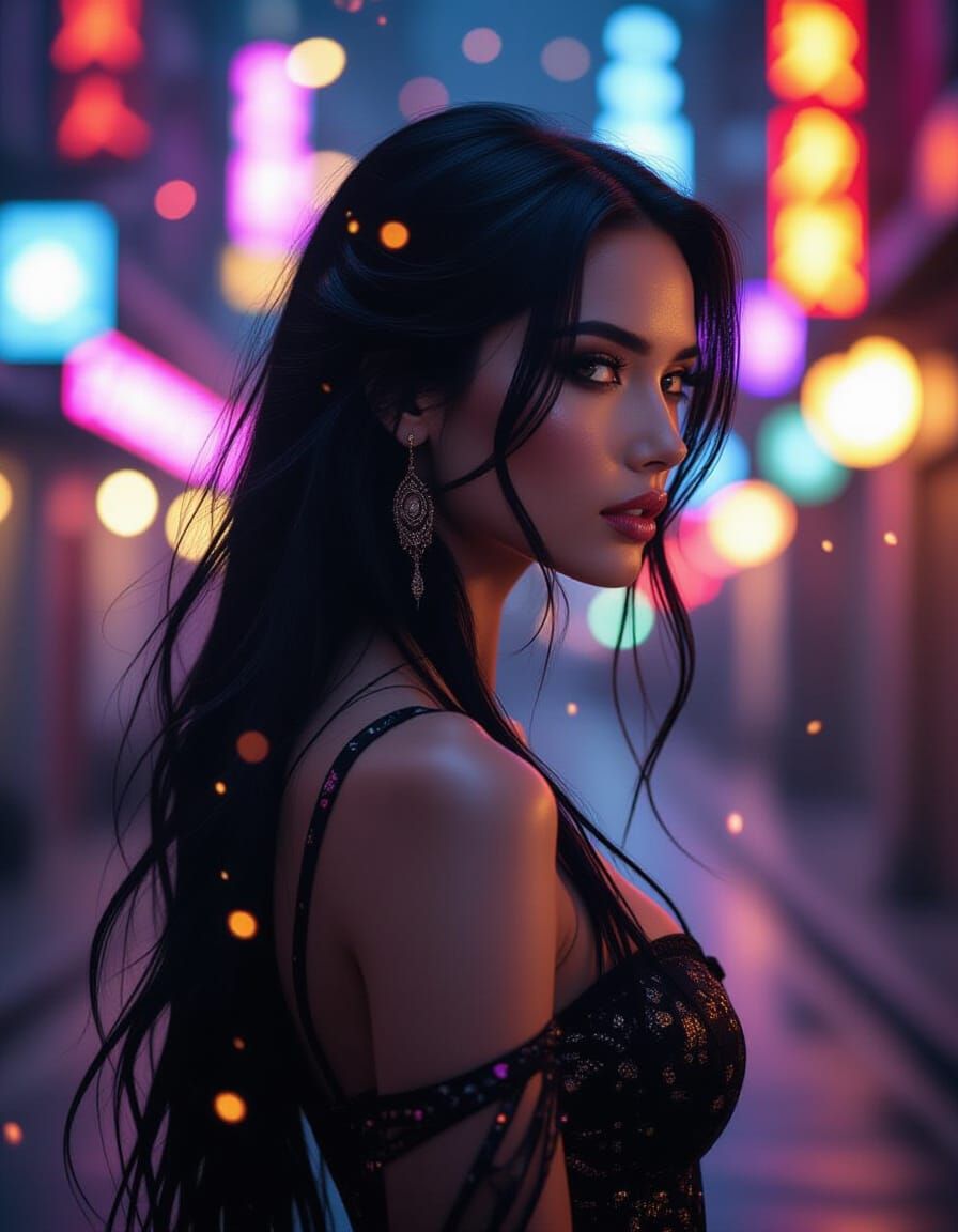 Mystical Woman in Neon-Lit Cyberpunk Environment