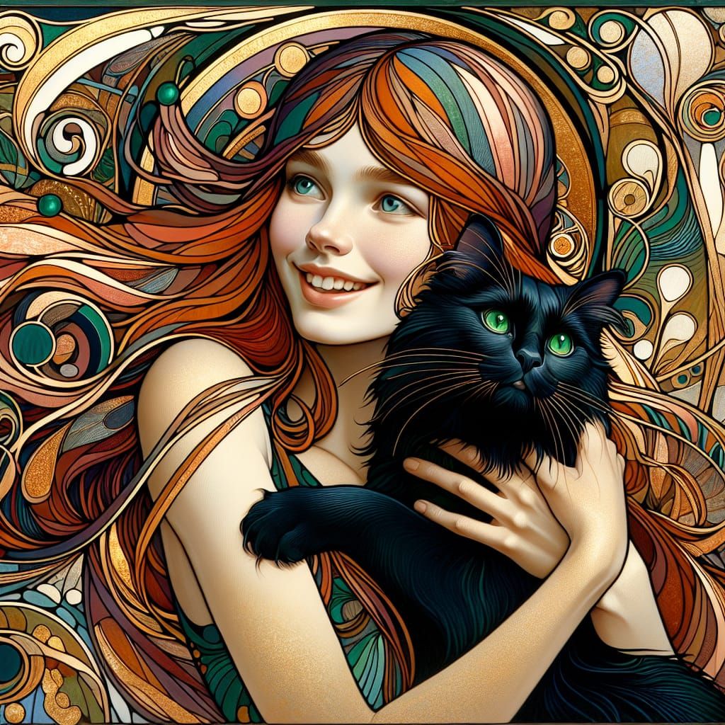 Art Nouveau Portrait: Girl with Red Hair and Black Cat