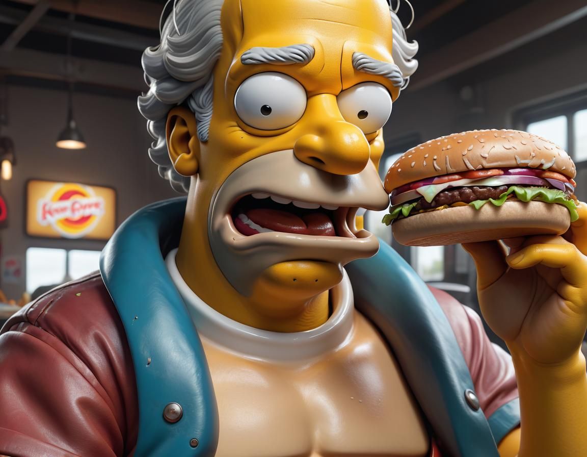 Homer Simpson Eats Burger King: Hyperrealistic Portrait