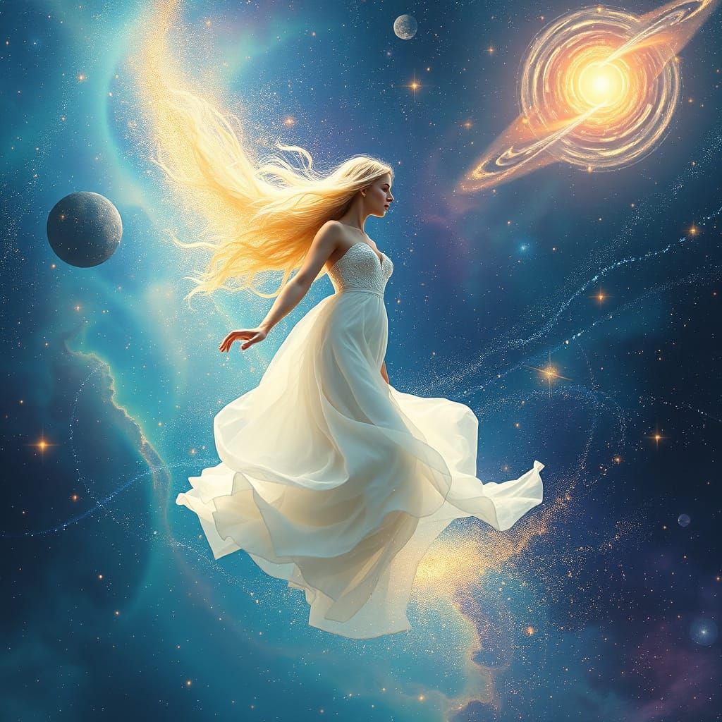 Blond Goddess in Cosmic Galaxy Scene, in Dreamy, Surreal Sty...