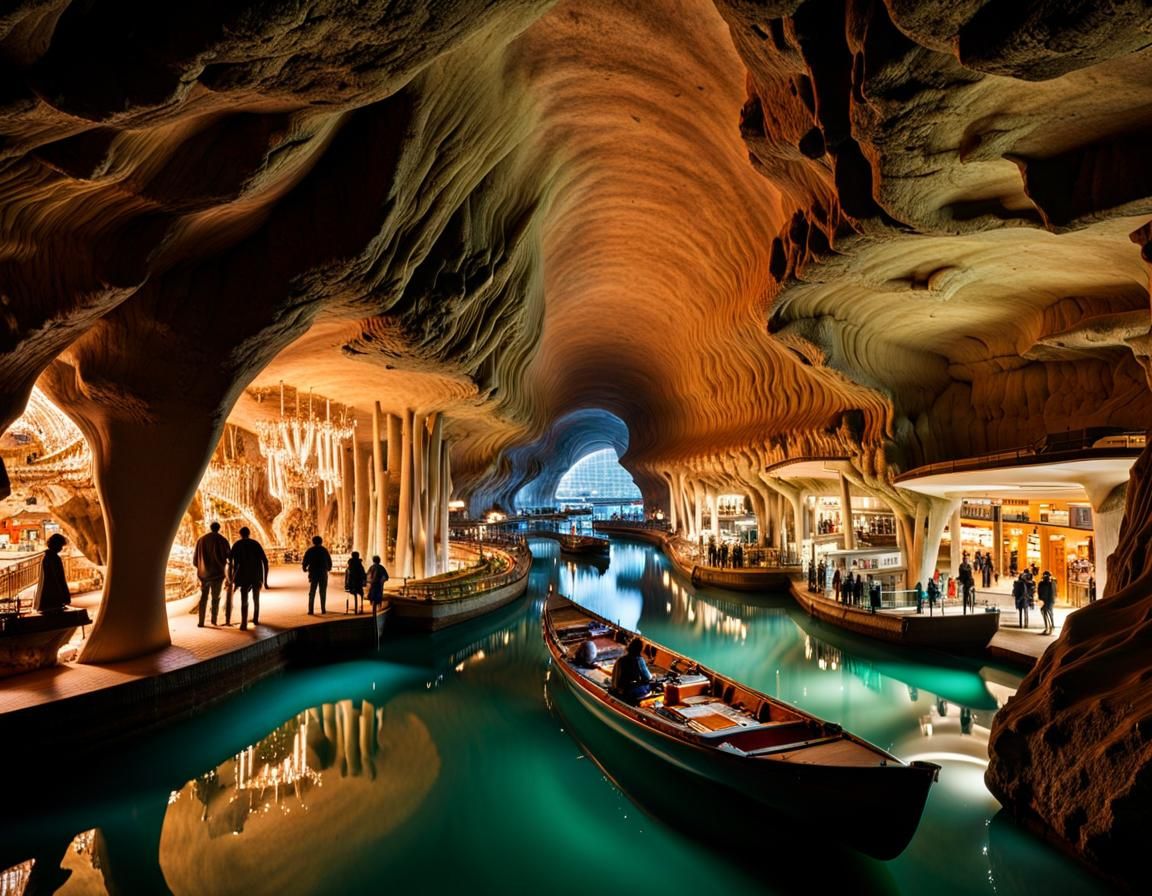 Cavernous Underground Shopping Center in Watercolor Style