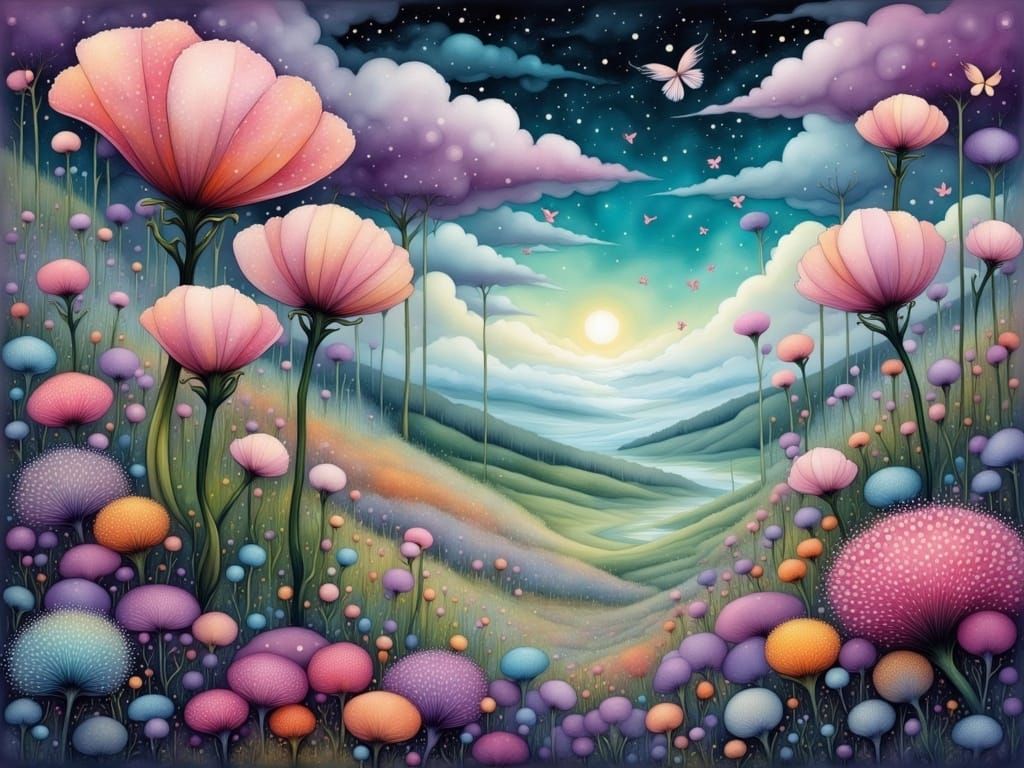 Whimsical Dreamscapes in Liquid Ink Style