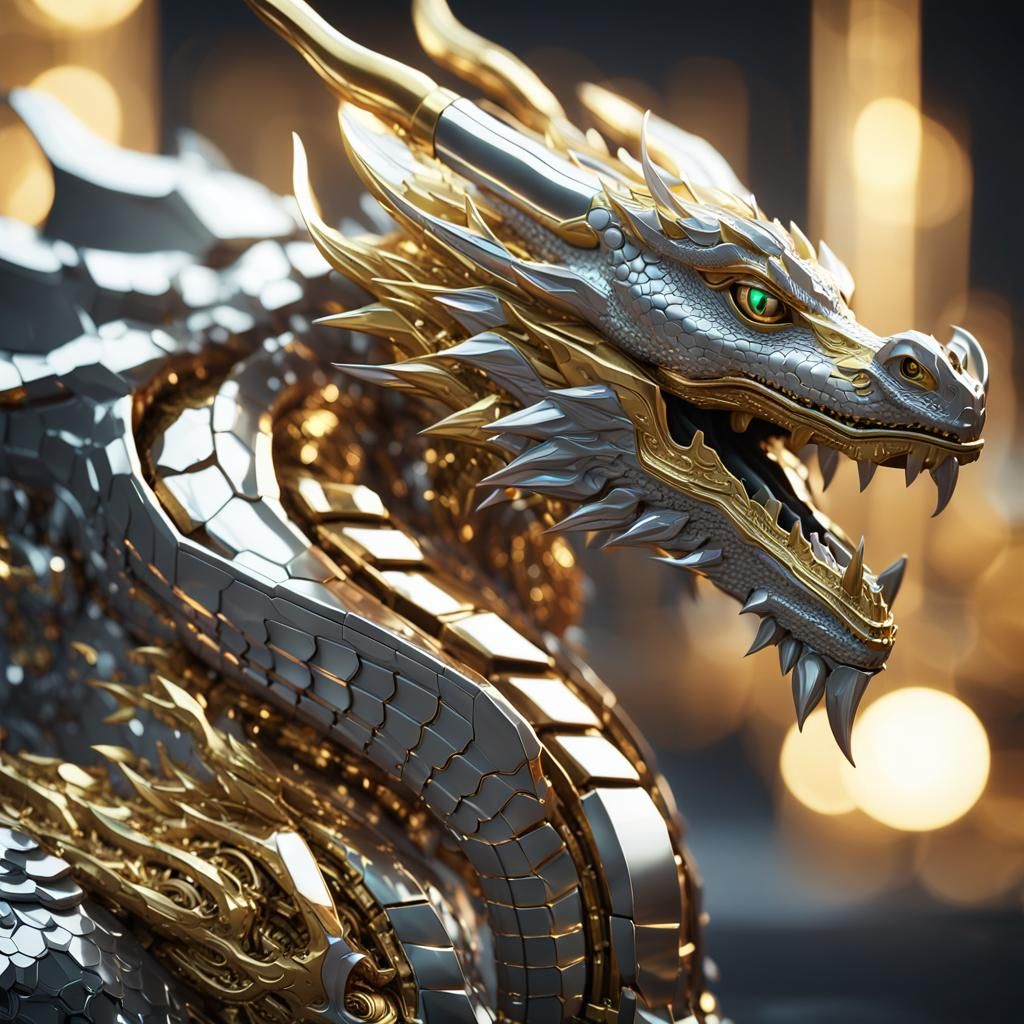 Gold Dragon with Silver Scales in Sci-Fi Style