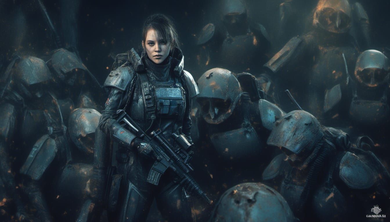 female colonial marine, wearing futuristic body armor, smileing, canadian<lora:Macabre:1.0>