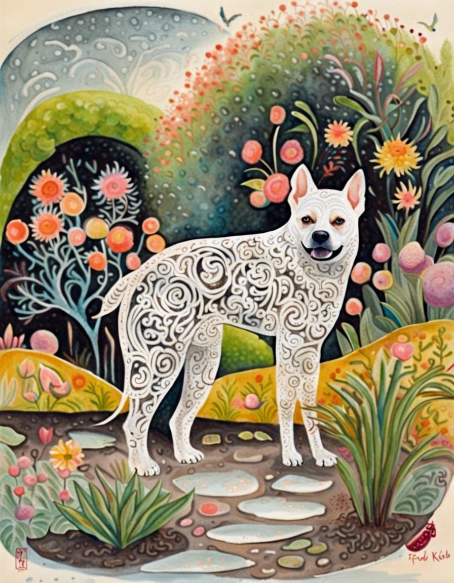 Dog in Garden: Calligraphic Ink Portrait