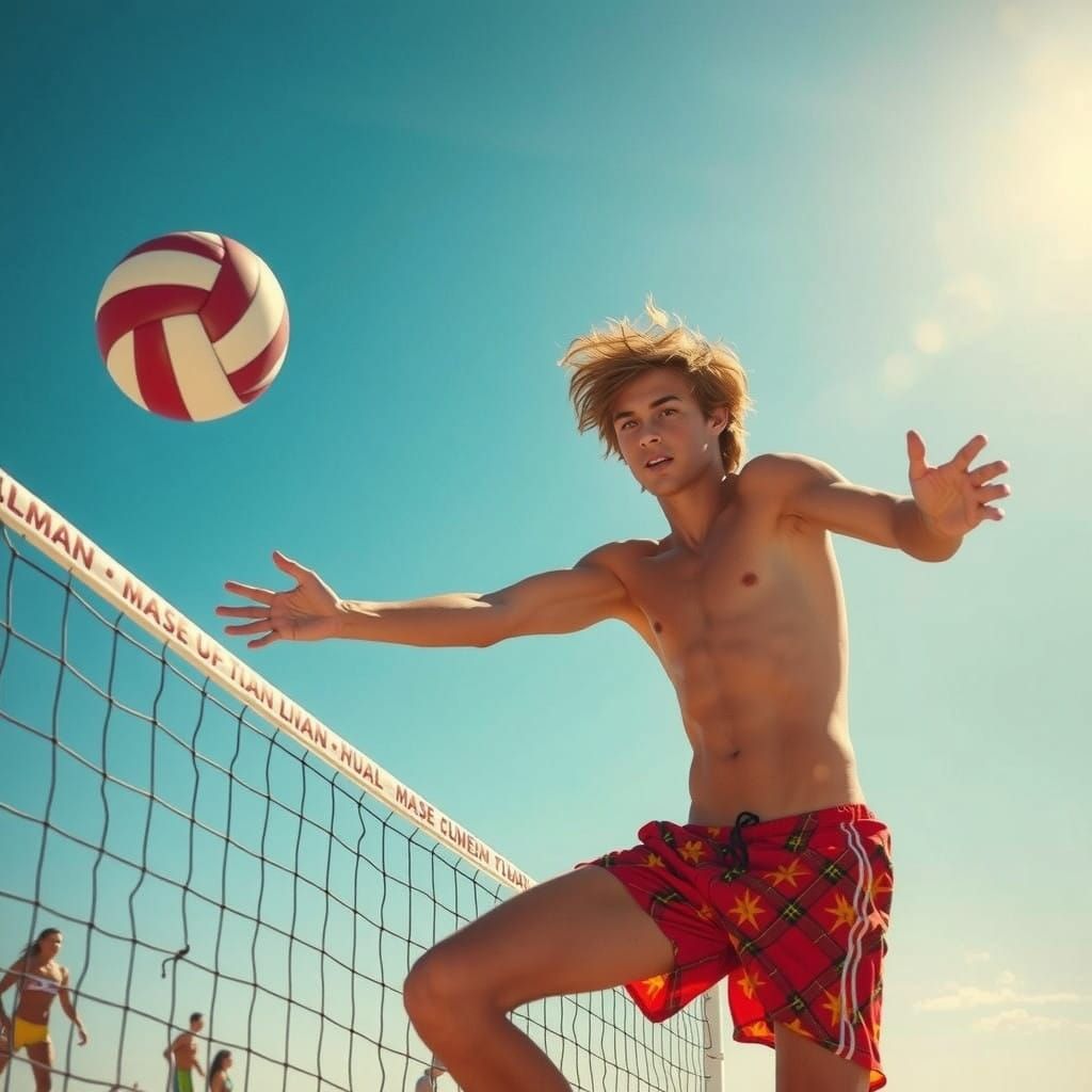 Athletic Young Man Spikes Volleyball in Electric Blue Speedo...
