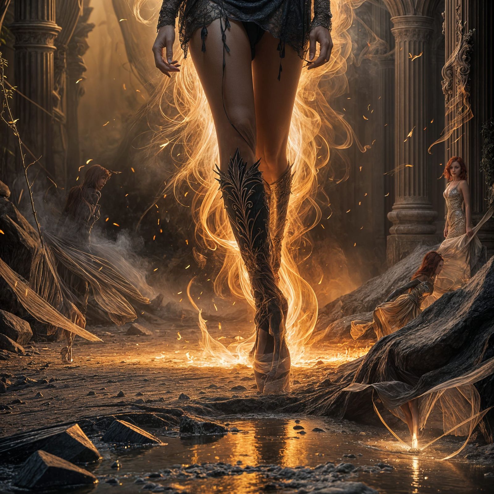 Ethereal Woman Emerges from Smoky Flames in Cyberpunk Style