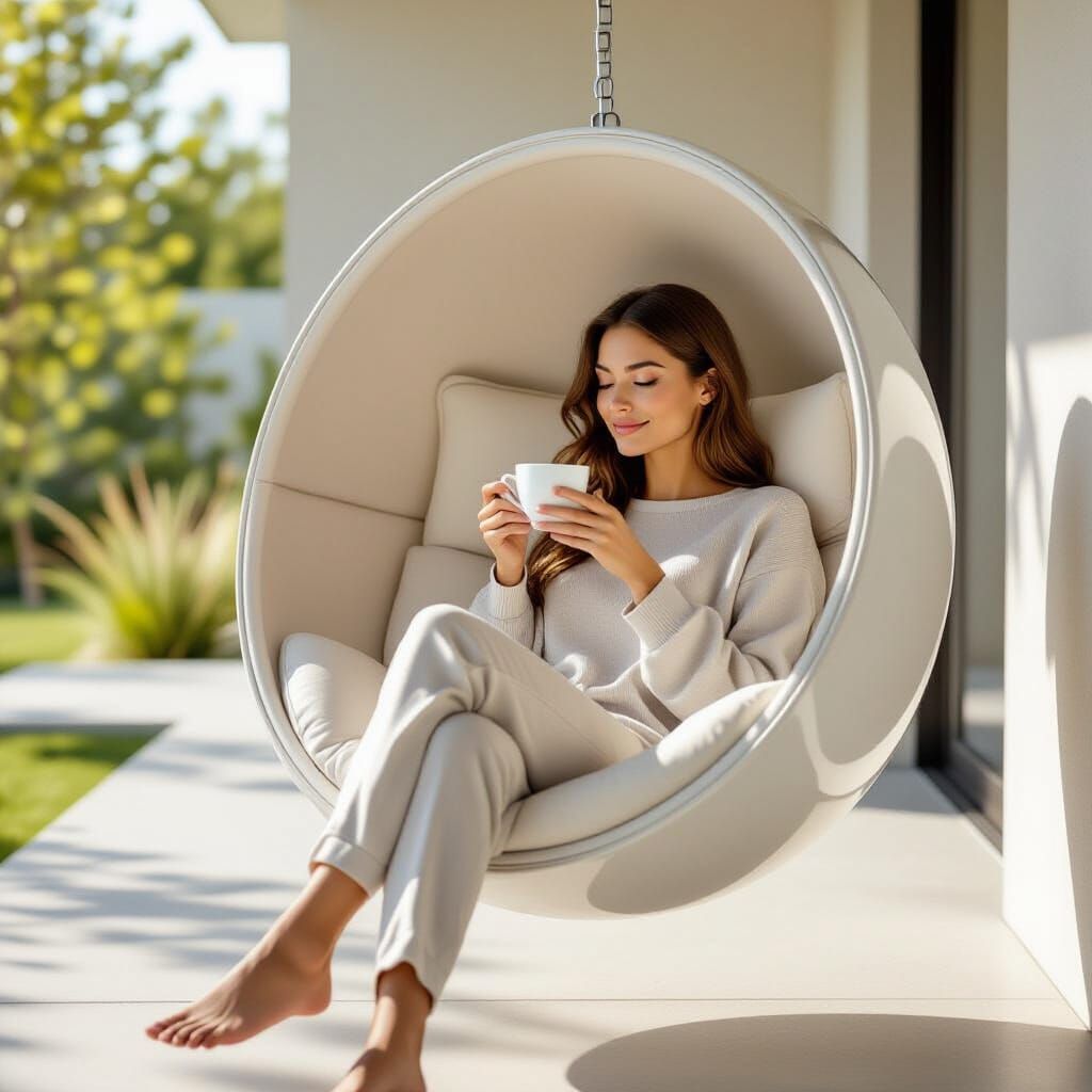 Serene Woman Enjoys Coffee in Modern Egg Chair