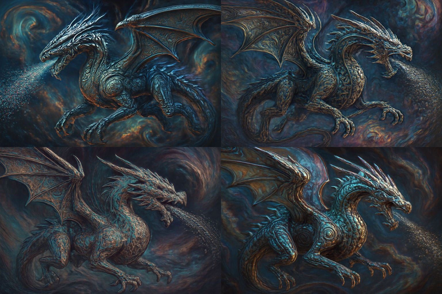 Biomechanical Dragon Soars Through Nebula in 3D Render