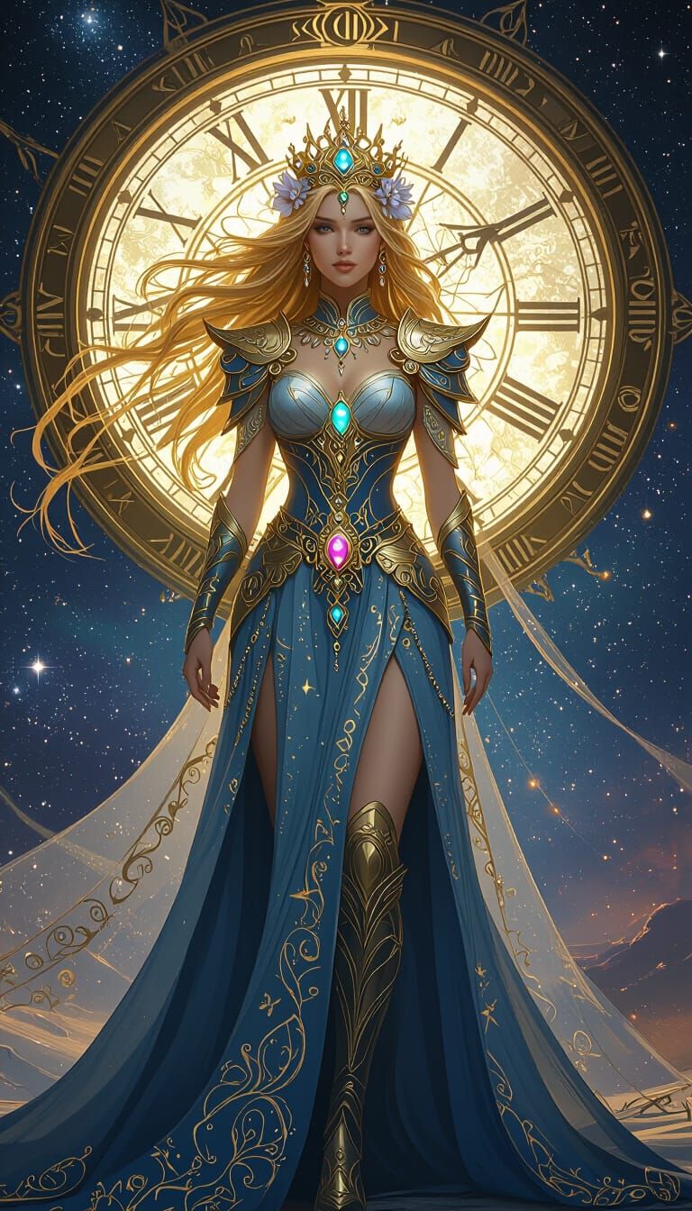 Goddess in Ornate Armor Before Cosmic Zodiac Clock