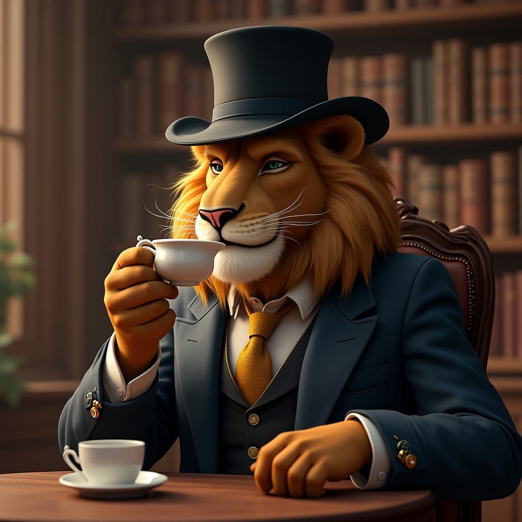 Elegant Lion in Tailored Attire, Sipping Tea in a Grand Libr...