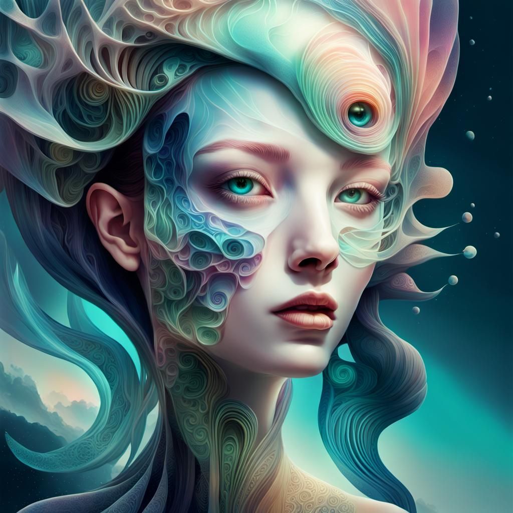 Surreal Siren in Futuristic Ocean Layers, Digital Art