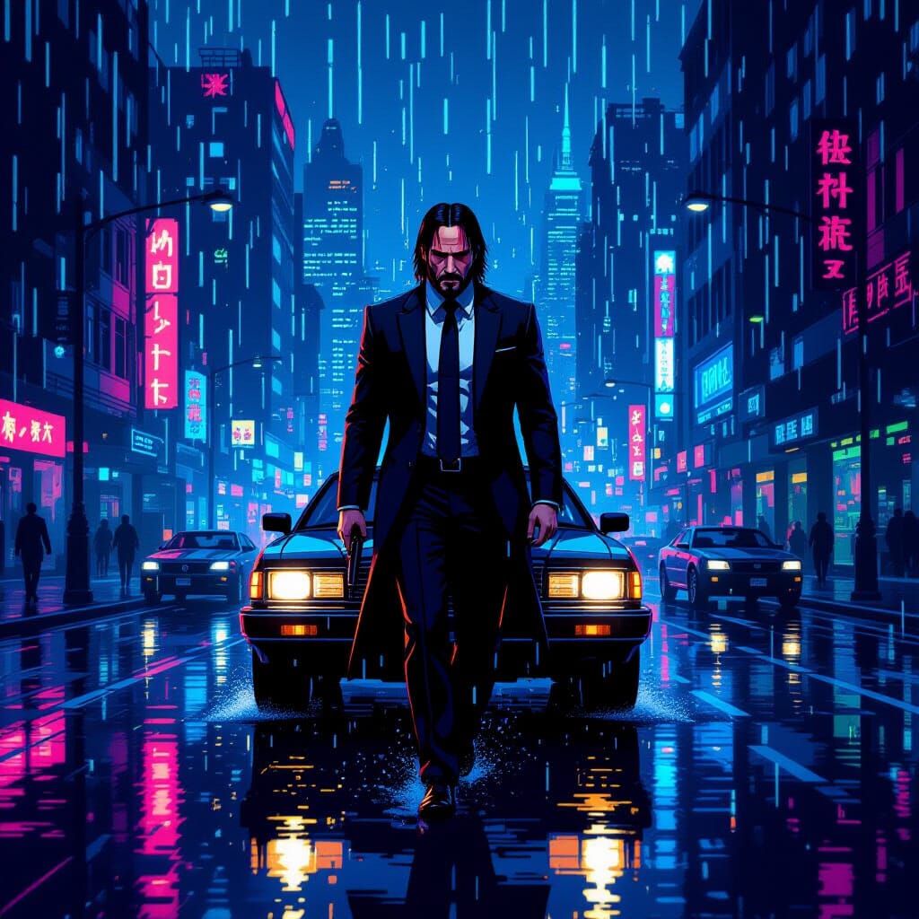 John Wick in Neo-Noir Pixel Art Cityscape