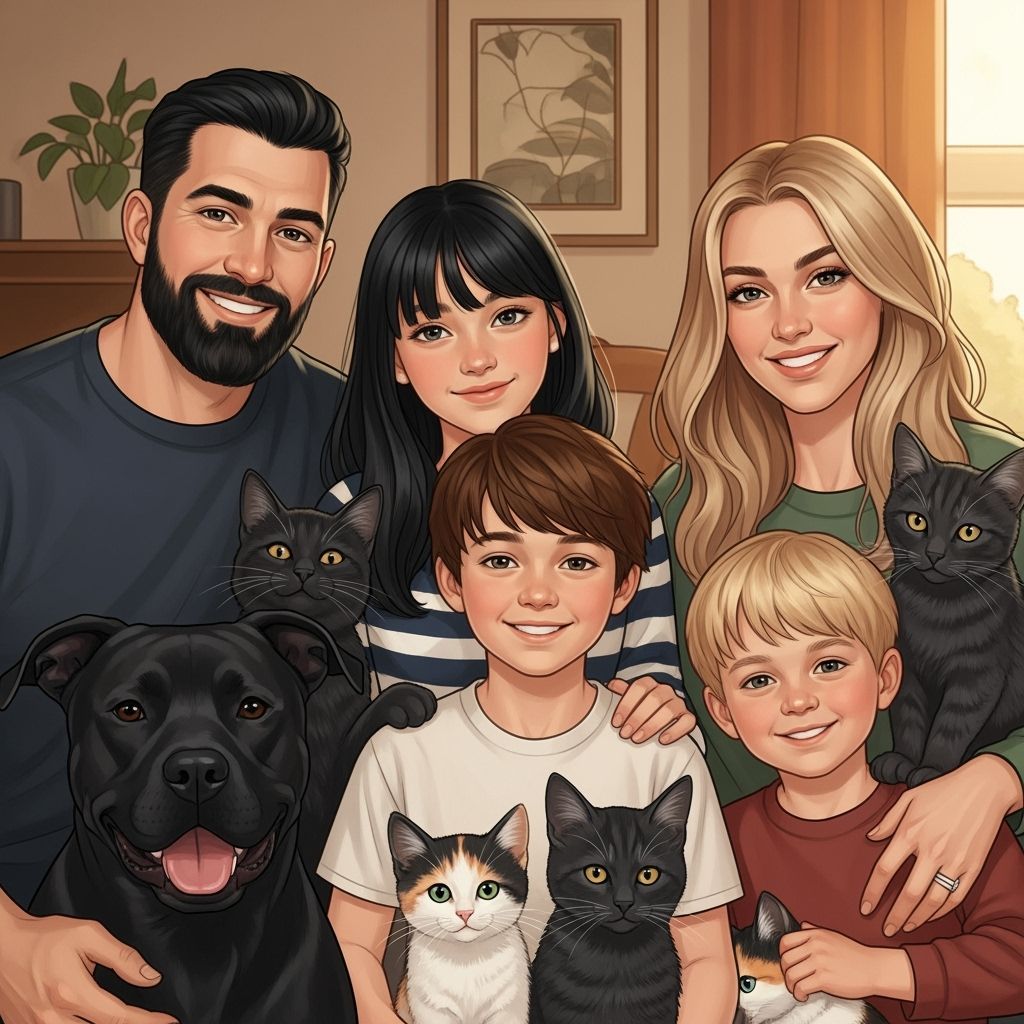 Cozy Family Portrait with Pets in Warm Realism Style