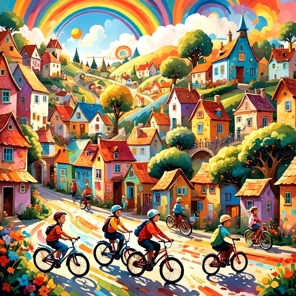 Rainbow Village: Abstract Art with Children on Cycle