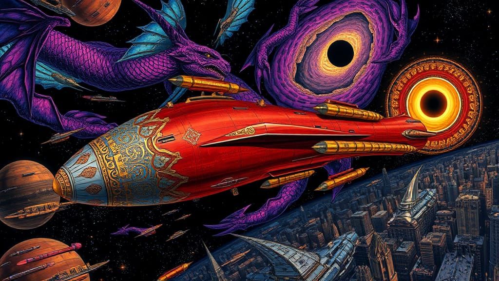 Celestial Fortress in Galaxy with Dragons, Art Nouveau