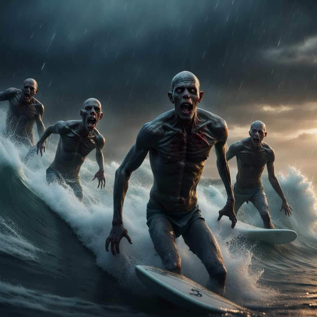 Zombies Surfing a Stormy Sea: Hyperrealistic Matte Painting