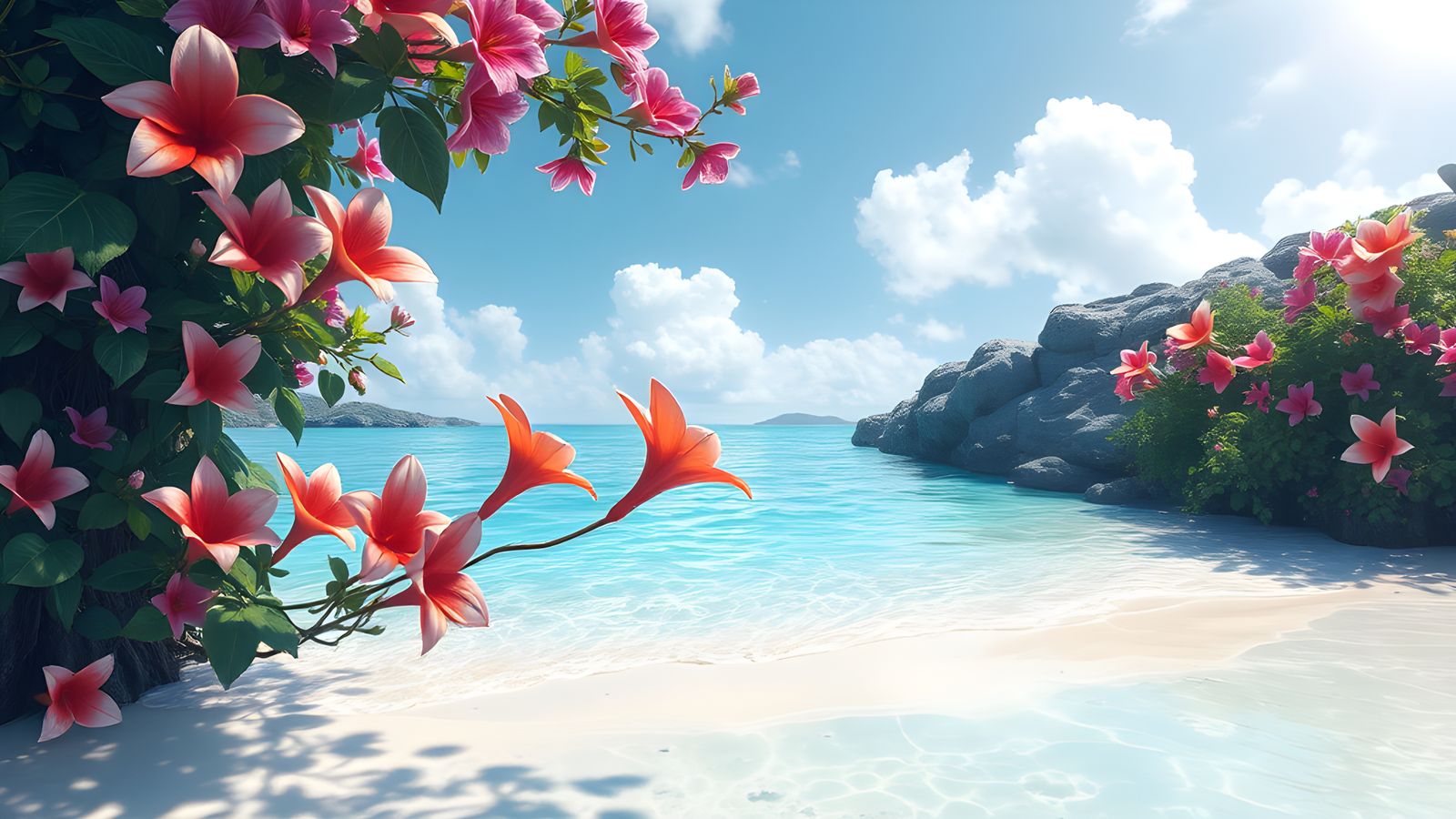 Anime Cove: Crystal Water, Sandy Shore, Floral Beauty