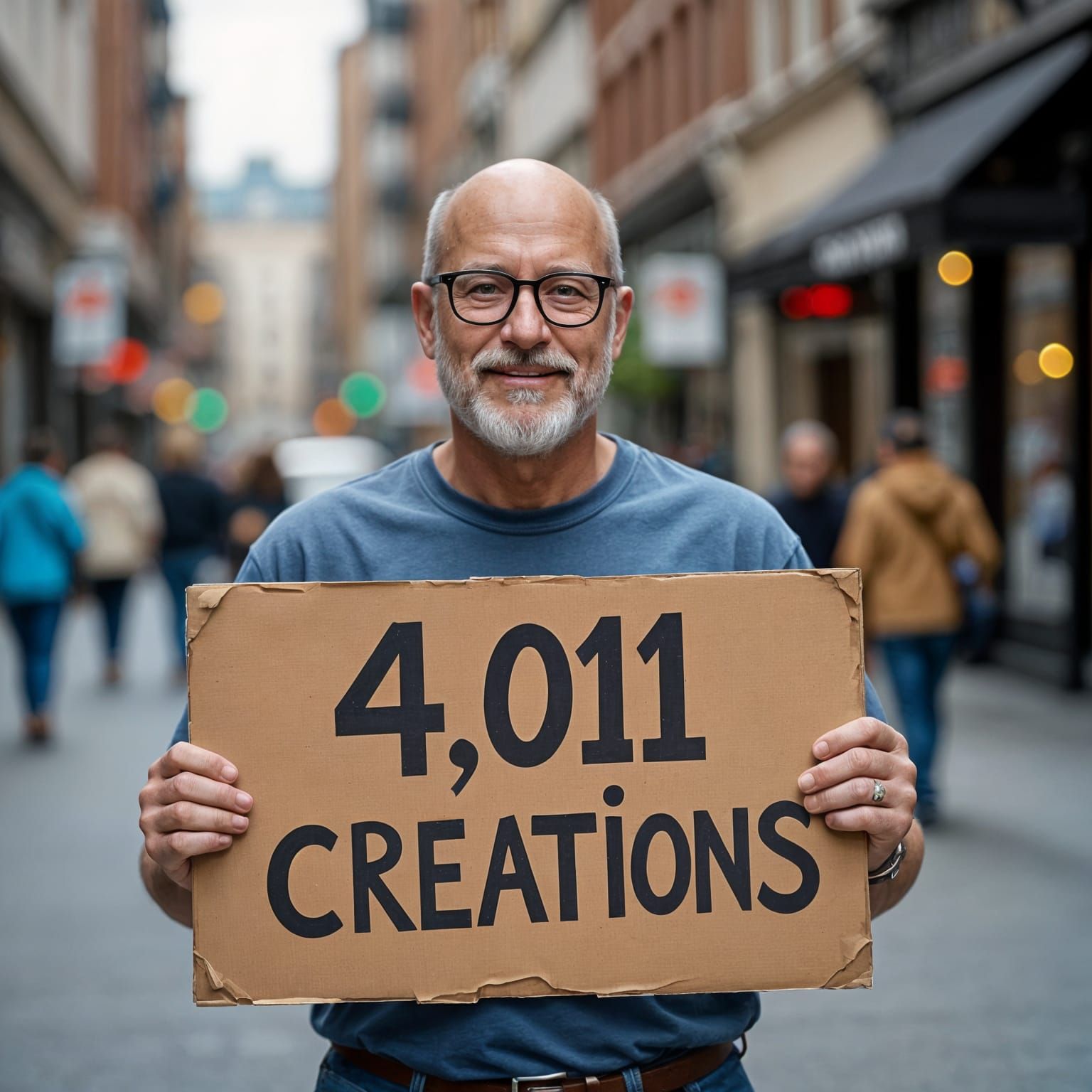 Old Man with Sign: "4,011 Creations"