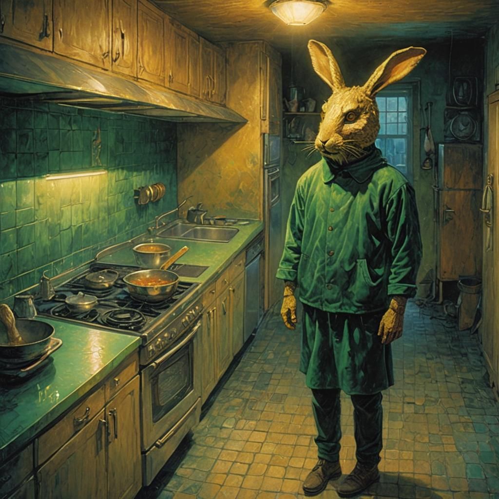 Rabbit Masked Man in Kitchen, Fantasy Realism
