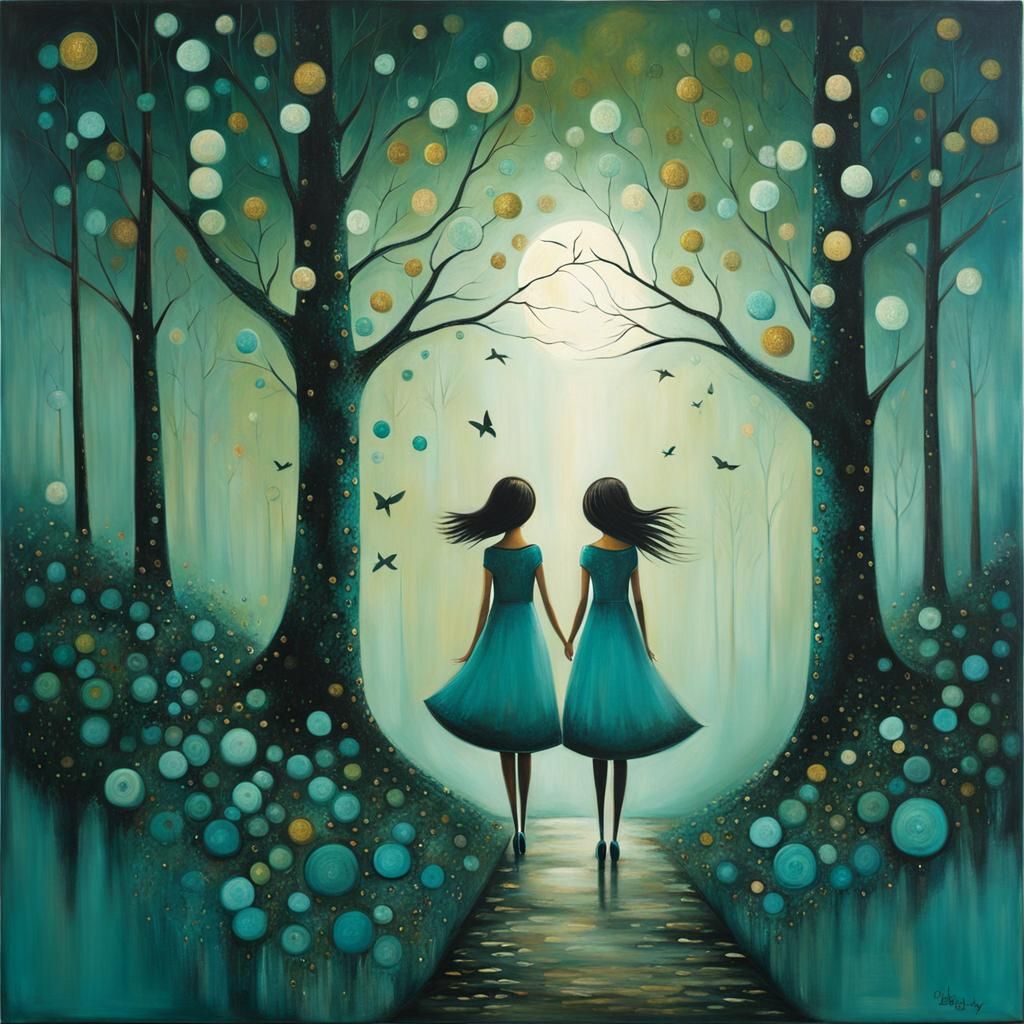 Sisters in Enchanted Forest, Art Brut Style