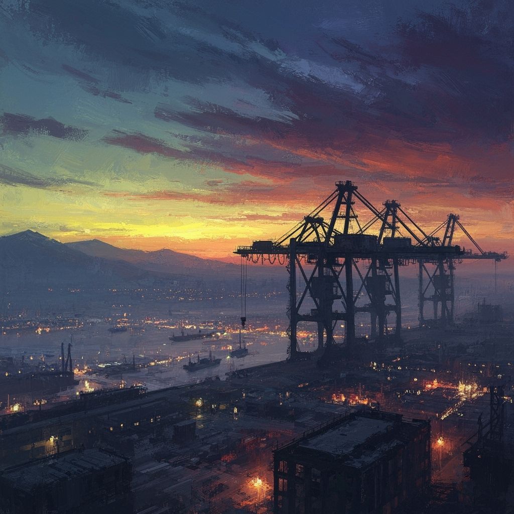Decaying Port City at Sunset in Neo-Noir Style