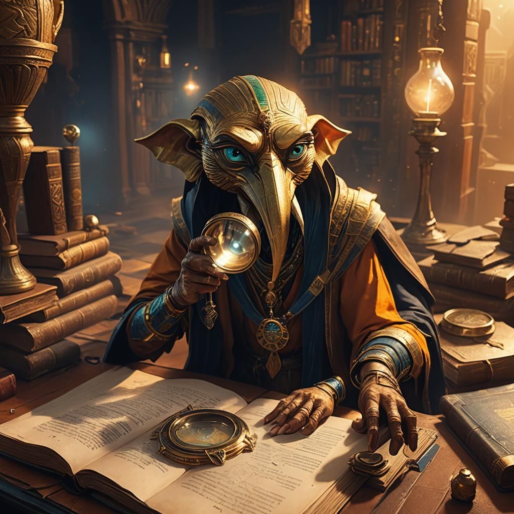 Thoth Inspects Something Under Glass, Art Nouveau Style