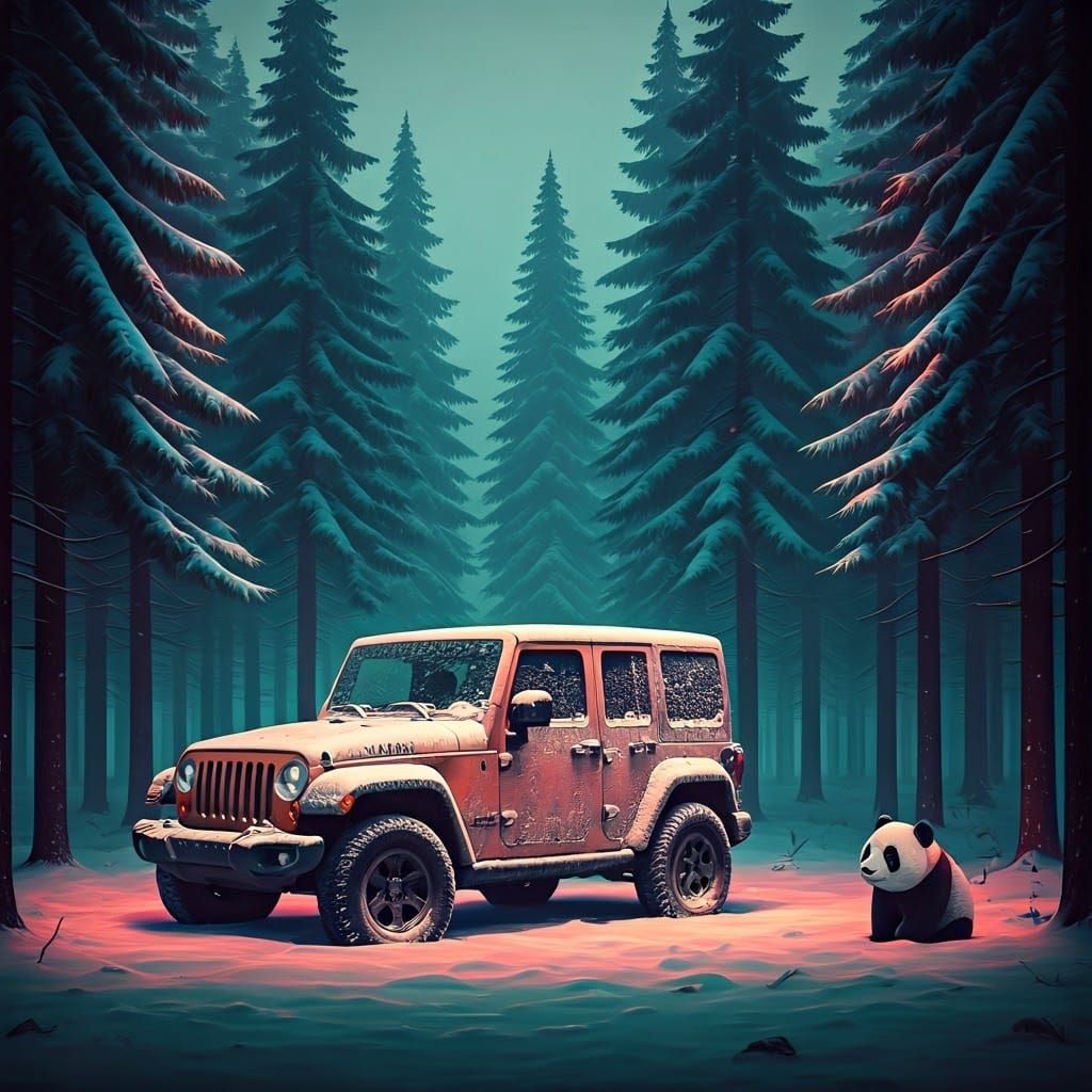 Jeep Wrangler in Snowy Forest with Panda, in Retro-Futuristi...