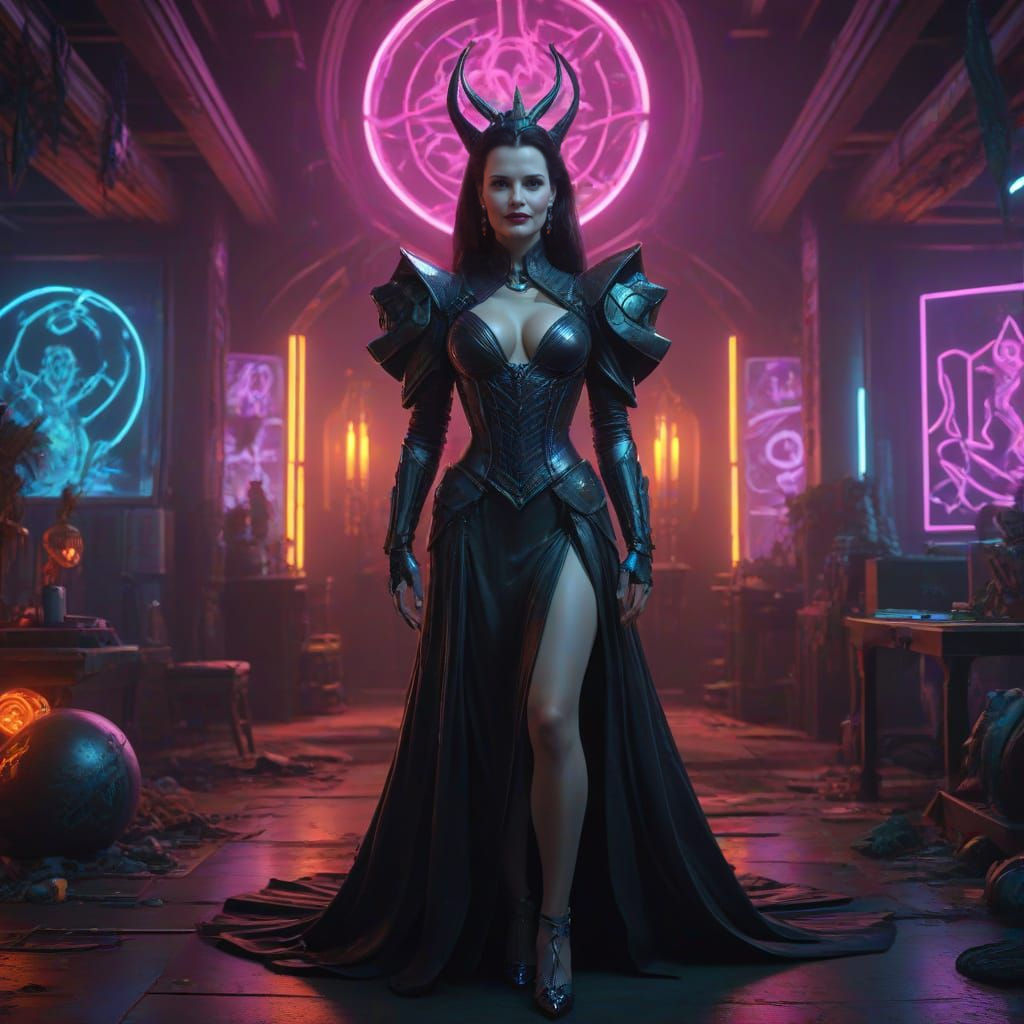 Evil Witch Queen in Cyberpunk Neon Setting