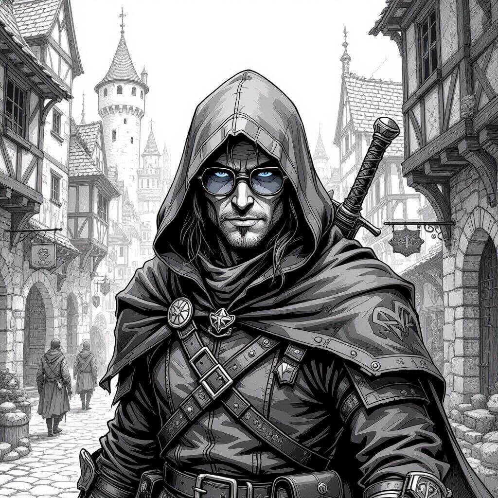 Pencil Sketch of D&D Thief in Medieval City