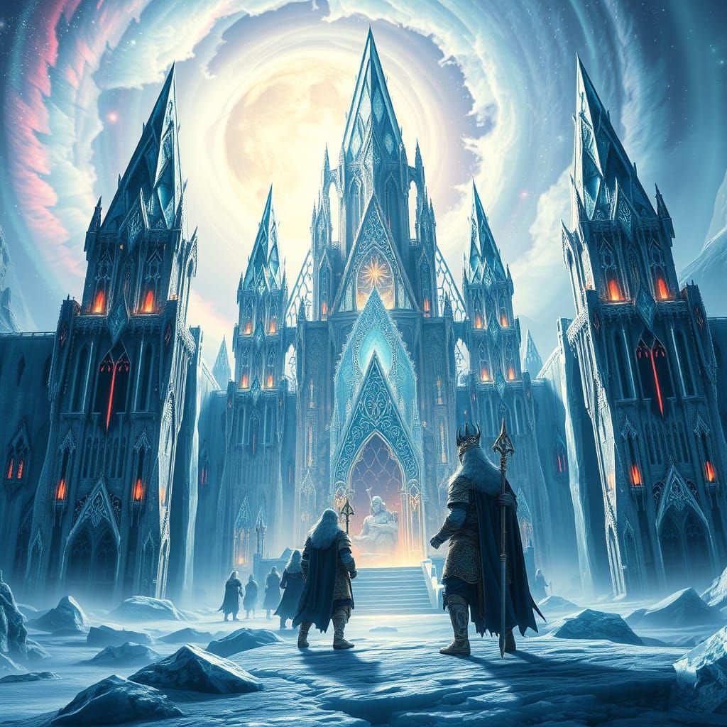 Crystal Citadel of Ancient Mysteries in Iridescent Auroras