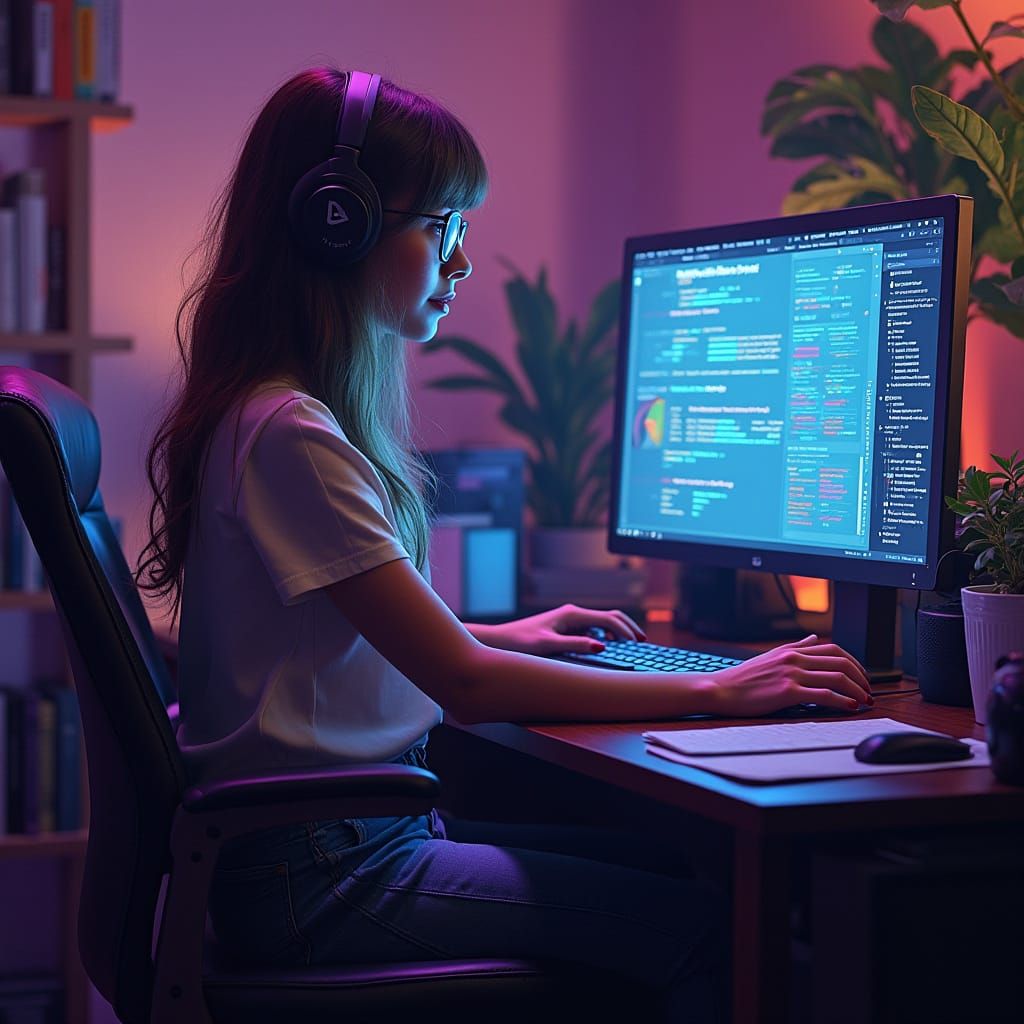 Woman Coding with Vibrant Colors in Digital Art