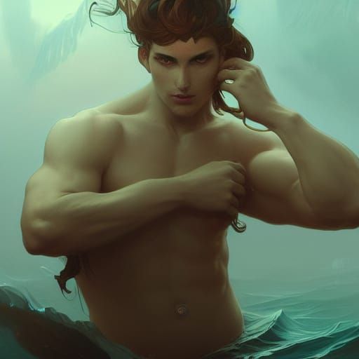 Majestic Male Siren Portrait in Hyperdetailed Style
