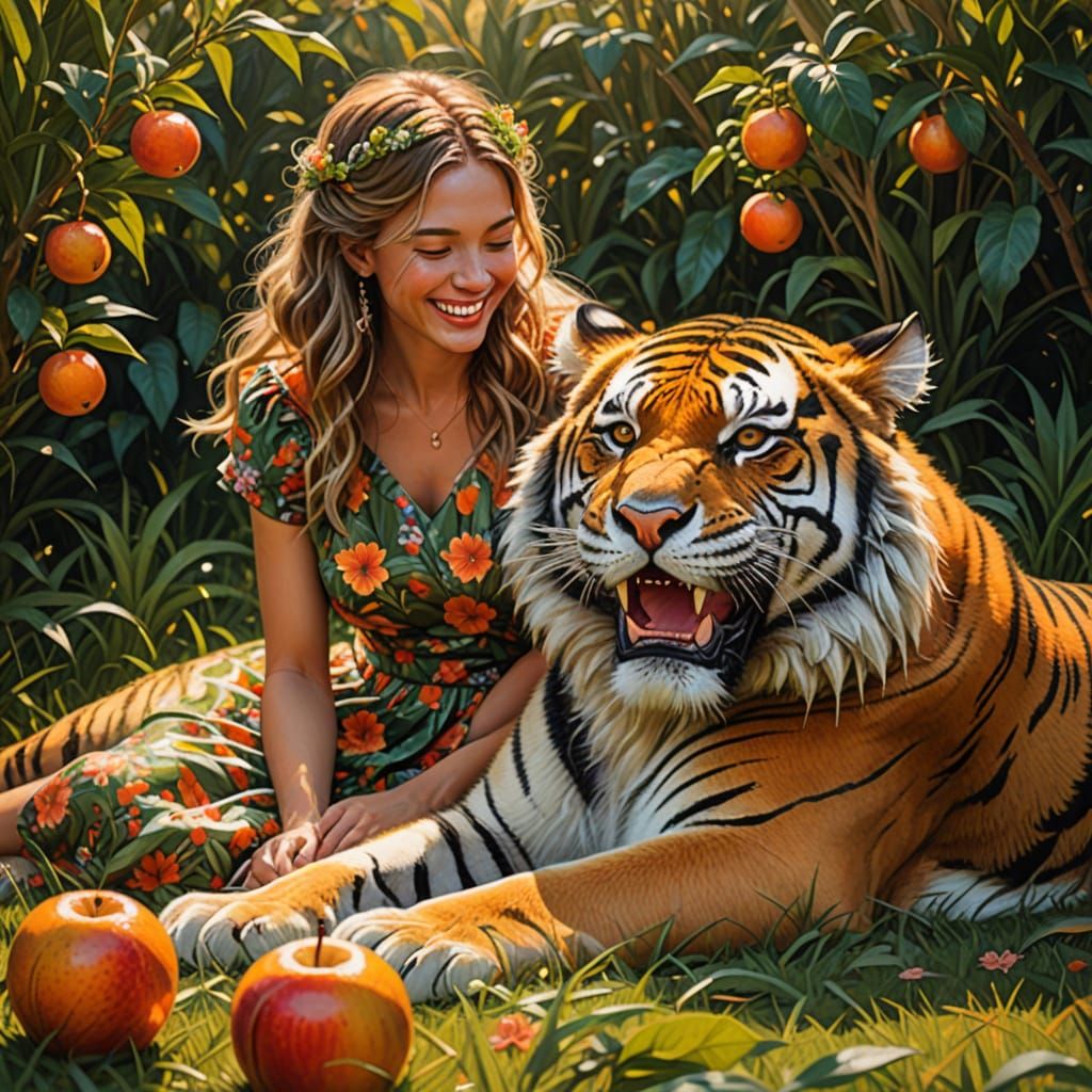 Giant Fluffy Tiger with Girl in Sunny Forest