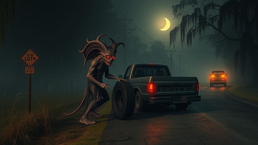 Demonic Creatures Change Tire on Backroad
