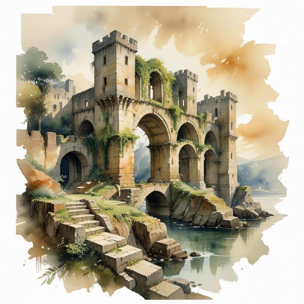 Ancient Fortress Reclaimed by Nature in a Watercolor Dream