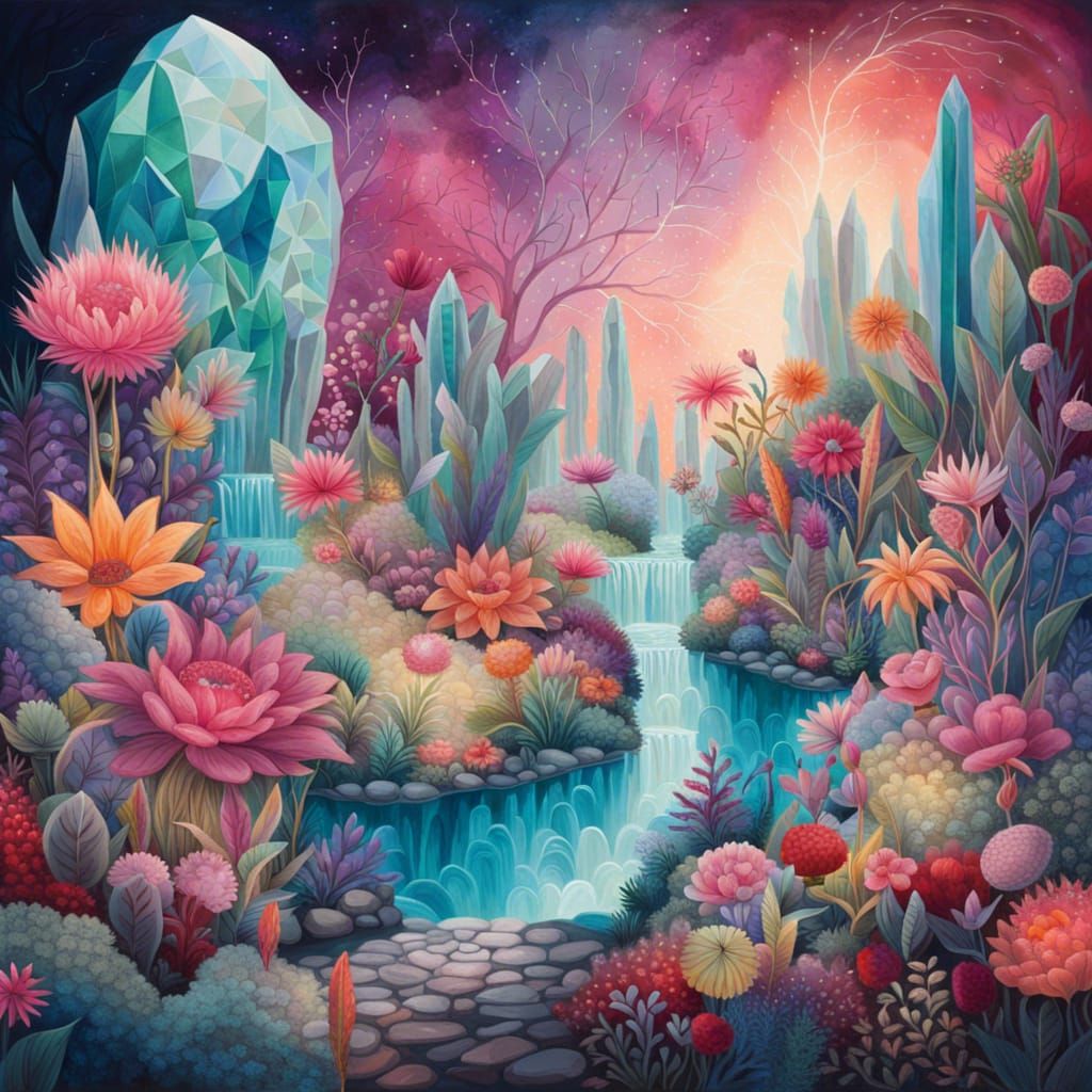 Crystalline Garden: A Surreal Landscape of Oversized Flowers
